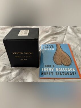 NWT set of Black Scented Candle with Humorous Birthday Card - for men balls joke